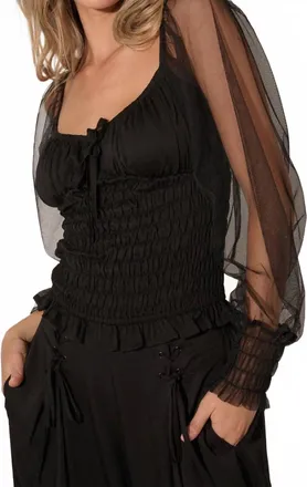 Promesa Square Neck Sheer Long Sleeve Smocked Top In Black