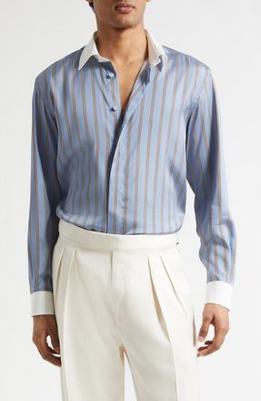 Tom Ford Fluid Fit Stripe Silk Jacquard Button-Up Shirt in Blue Multicolor at Nordstrom, Size 41
