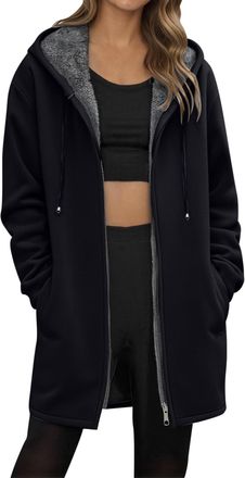 Generic Fleece Jacket Women, Womens Longline Hoodie Full Zip Sweatshirts Solid Long Sleeve Cozy Cardigans with Pockets Drawstring Autumn Warm Jumpers Sweat To