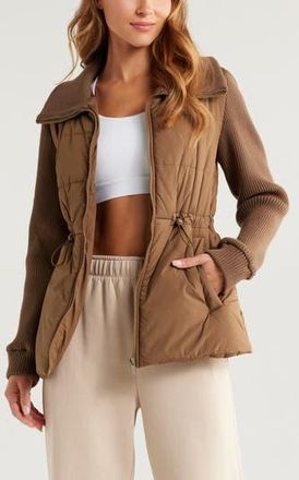 Zella Quilted Rib Mix Hybrid Jacket in Brown Teak at Nordstrom Rack, Size Xx-Large