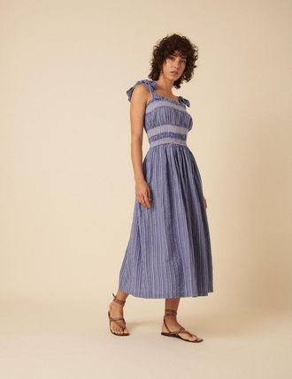 Nobody's Child Blue Striped Ruched Marissa Midi Dress