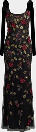 Mac Duggal Floral Embroidered Bow-Shoulder Gown