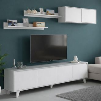 Dmora Dmora - Mueble De Pared Vergennes, Conjunto De Sal&oacute;n, Mueble De Sal&oacute;n Multiusos, Mueble De Pared Moderno, 200x41h50 Cm, Cemento Y Blanco Brillante, Co