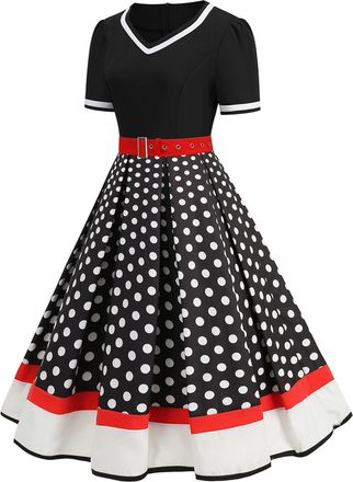 Generic Midi Dresses for Women UK 1950s Dresses for Women UK Elegant Pink Short Sleeve Vintage 50s Party Plus Size Cocktail Summer Holiday Casual Tea A Line C