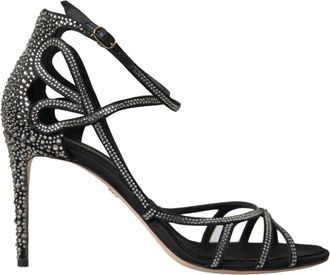 Dolce & Gabbana Prachtige Rhinestone Stiletto Sandalen - Dames - Sandalen met hakken - Zwart - 40 1/2 EU - Satijn - Schoenen