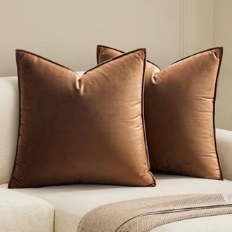 OEM Paquete De Dos Fundas De Coj&iacute;n Decorativas De Terciopelo Marr&oacute;n, Fundas Suaves, Fundas De Coj&iacute;n Cuadradas De Color Liso, Adecuadas Para Sof&aacute;s, Dormito