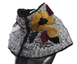 Dolce & Gabbana Womens Silver Sequined Floral Weasel Fur Shoulder Scarf Wrap