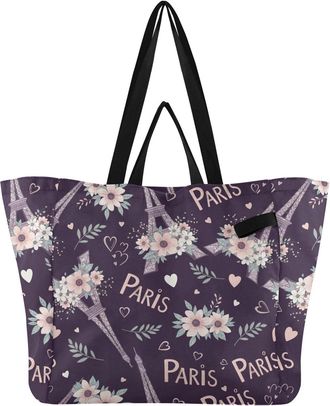 Generic Paris Flower Purple pattern Reusable Canvas Tote Bag, Heavy Duty Grocery Shopping Bag with Large Capacity Hard Bottom Double Handles Work Groceries Tr
