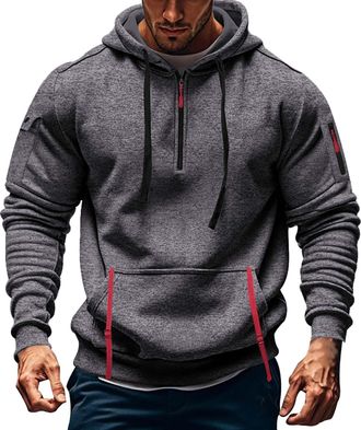 Generic Mens 1/4 Zip Pullover Hoodie - Zip Up Pocket Drawstring Tracksuit Tops Cuff Overhead Hooded Slim Fit Casual Gym Skiing Sports Warm Hoody Sweatshirts L