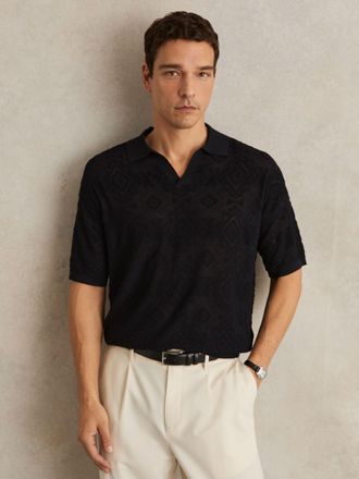 Reiss Navy Jacquard Loop-stitch Polo Shirt, S