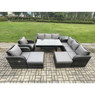Fimous 10 Seater Rattan Garden Furniture Set Oblong Rectangular Dining Table and Chairs Set with 3 Seater Sofa 2 Big Footstool 2 Side Tables Dark Grey Mixed