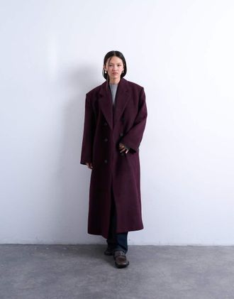 Topshop Cappotto doppiopetto taglio maschile in misto lana color melanzana-Viola