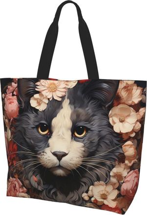 Generic Cat Wearing Flower Grocery Bag Durable Handbag Lightweight Shopping Bags For Beach Work College