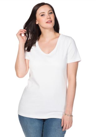 Sheego T-Shirt SHEEGO T-Shirt, Damen, Gr. 40/42, weiss (wei&szlig;), 100% Baumwolle, unifarben, V-Ausschnitt, Shirts T-Shirt