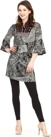 Papillon Paisley Print Embroidered Yoke Tunic With Tassel In Black/white
