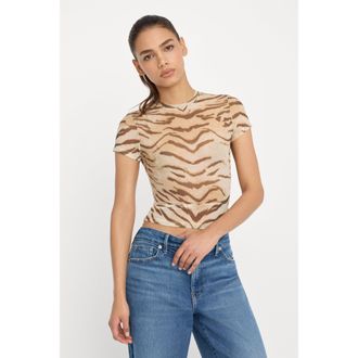 Good American Womens Mesh Baby T-Shirt | Brown Tiger, Size Medium | Good American by Khlo&Egrave; Kardashian