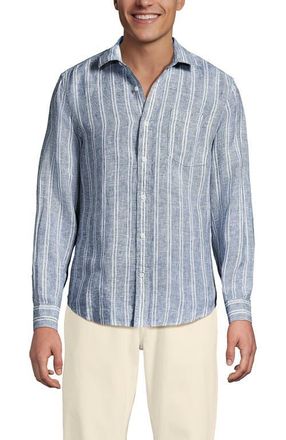 Lands End Long Sleeve Linen Shirt in Baltic Teal/white Stripe at Nordstrom, Size X-Large