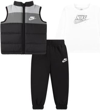 Nike Colorblock Puffer Vest, Long Sleeve Tee & Joggers Set in 023Black at Nordstrom, Size 24M