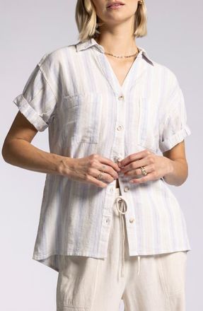 Thread & Supply Sydney Stripe Short Sleeves Linen Blend Button-Up Shirt in Lavender Tan Stripe at Nordstrom, Size Medium