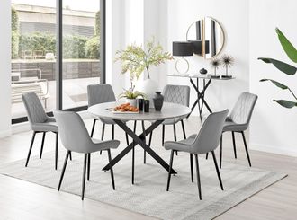 Furniturebox Novara Grey Concrete Effect Black Leg 120cm Round Dining Table & 6 Pesaro Black Leg Chairs