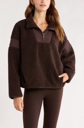 Zella Snowday Faux Shearling Quarter Zip Pullover in Brown Mole at Nordstrom Rack, Size Large