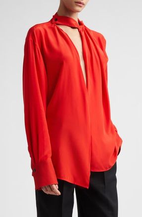 Victoria Beckham Drape Detail Silk Shirt in Cardinal Red at Nordstrom, Size 10 Us