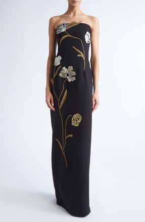 Lela Rose Floral Cord Embroidery Strapless Stretch Crepe Gown in Black/Metallic at Nordstrom, Size 10
