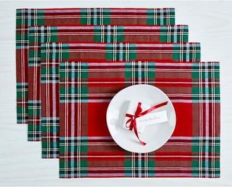 Solino Home Linen Placemats Set of 4, 14 x 19 Inch for Dining Table, Holiday and Everyday Table Decor - Madras Holiday Plaid in Red at Nordstrom