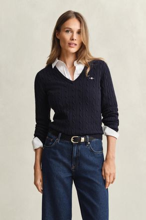 GANT Women Cable Knit V-Neck Sweater (XXXL) EVENING BLUE