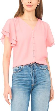 CeCe by Cynthia Steffe Double Flutter Sleeve V-Neck Top in Coral Bloom at Nordstrom, Size Xx-Small