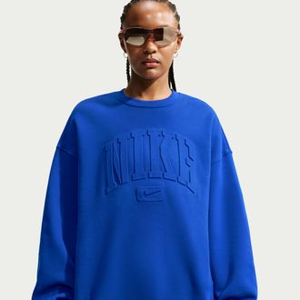 Nike Womens Studio Fleece Weight Graphic Pack Oversized Embossed Crew in Blue | IU1139-417