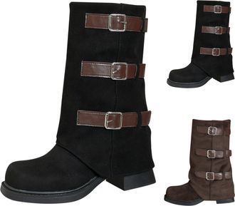 Generic Women Mid-Calf Boots Ladies Fold Over Buckle Moto Biker Boots Round Toe Pull On Boots Chunky Low Heel Platform Slip-on Boot Winter Anti-Slip Motorcycl