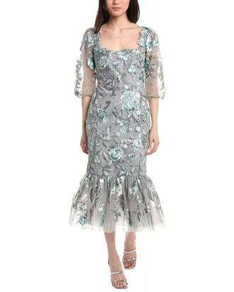 Marchesa Puff Sleeve Midi Dress