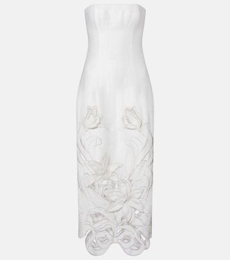 LEO LIN Rayna floral-appliqu&eacute; linen-blend bustier gown
