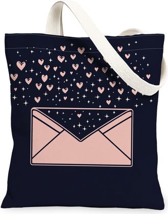 Generic Hearts Canvas Tote Bags, Love Letter Pattern Reusable Grocery Bags, Valentines Day Lightweight Washable Shoulder Strap Canvas for Shopping Travel Beac