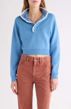 Chlo&eacute; Lace Trim Half Placket Wool Sweater in Dream Blue at Nordstrom, Size Medium