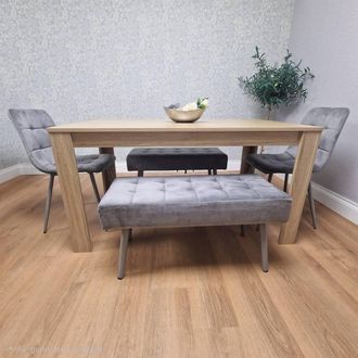 Kosy Koala Oak Effect Dining Table Set With 2 Grey Velvet Chairs & 2 Grey Benches Dining Room Furniture in Brown