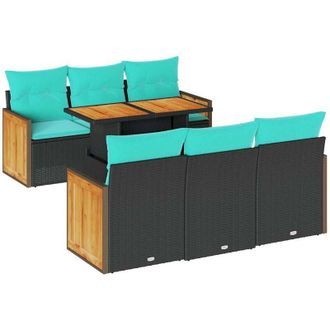 vidaXL 7 Piece Garden Sofa Set with Cushions Black Poly Rattan Acacia vidaXL