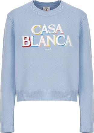 Casablanca Light Blue Wool Knit Sweater with Embroidered Logo