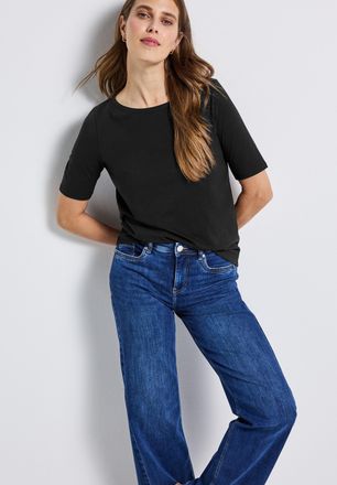 Street One T-Shirt STREET ONE, Damen, Gr. 38, schwarz, Jersey, Obermaterial: 100% Baumwolle, unifarben, regular fit normal, U-Boot-Ausschnitt, abgesteppte Kante,