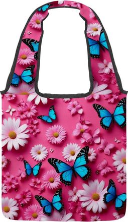 Generic Butterflies Daisies Reversible Canvas Shoulder Tote - Double-Sided Print, 12oz Cotton, 27cm Drop, Fold-Flat Bag for Travel, Shopping, Street Outings