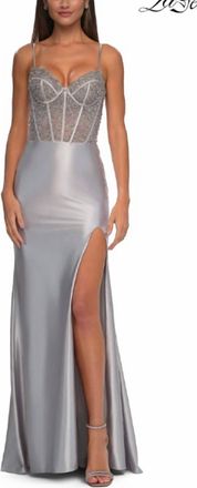 La Femme Beaded Satin Gown In Silver