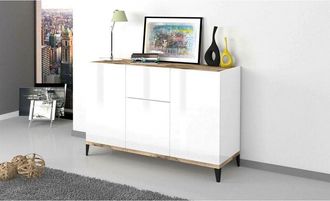 Dmora Aparador Ddybal, Aparador De Cocina Con 3 Puertas Y 1 Caj&oacute;n, Buffet De Sal&oacute;n, Aparador De Cocina, 100% Made In Italy, 120x40h82 Cm, Blanco Brillo Y Pi