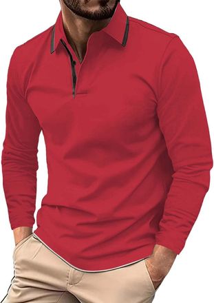 Generic Champagne Turtleneck Men Autumn Casual Long Sleeve Button Solid Color Long Sleeve T Shirt Top Thick T Shirt (Red, XXL)