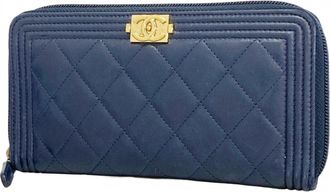 Chanel Navy Leather Long Wallet (Bi-Fold) (Pre-Owned)