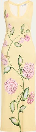Oscar De La Renta Sleeveless Porcelain Flowers Jersey Maxi Dress