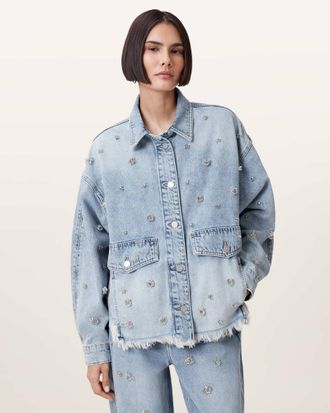 AllSaints Cotton Hettie Embellished Oversized Denim Shacket, Size: XS