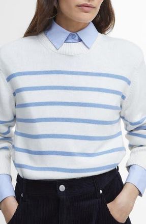 Barbour Emery Stripe Crop Cotton & Cashmere Sweater in Cloud/Blue Sky at Nordstrom Rack, Size 14 Us / 18 Uk