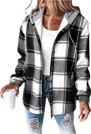 Generic Womens Plaid Fleece Lined Jacket - Wool Quilted Coats, Hooded Drawstring Lumberjacket, Button Down, Sweatshirt Hoodie, Checked, Ladies Elegant Shirt, 