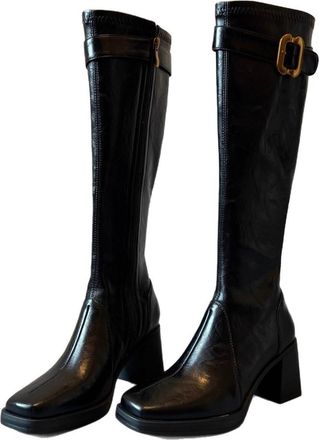 Generic Square toe high heel chunky heel knee high slimming tall for women, soft material versatile winter boots, luxury fashion boots,(Black,5.5 UK)